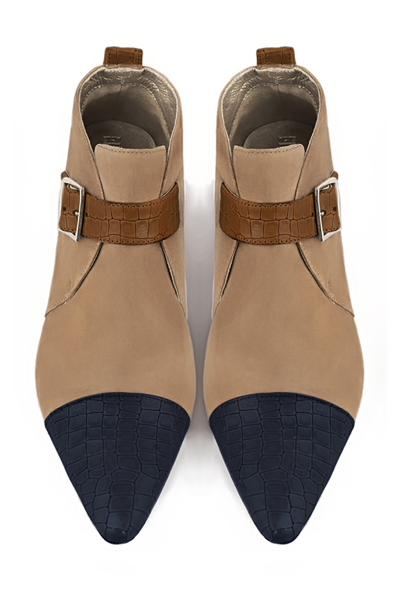 Women's navy blue, tan beige and caramel brown elegant ankle boots, with buckles at the front. Tapered toe. Low cone heels - Top view